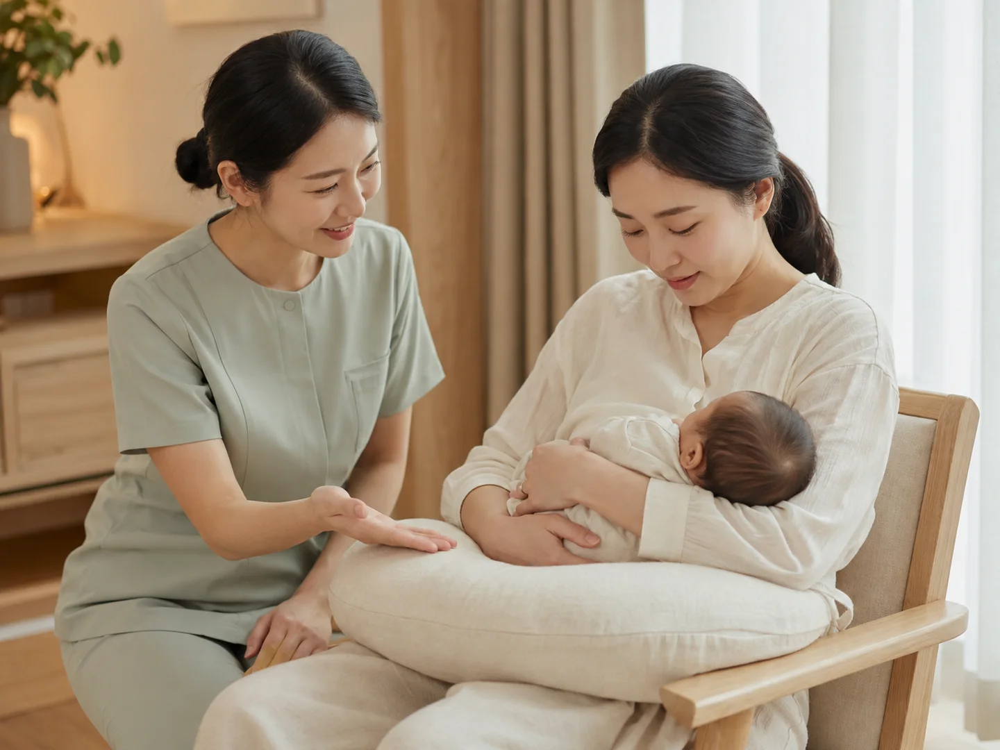 수유 쿠션과 아기를 안는 자세를 함께 살피는 모유수유 상담 연출 이미지
