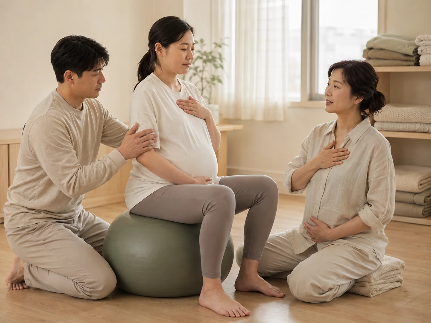 조산사와 함께 짐볼에서 호흡과 지지 자세를 연습하는 부부의 연출 이미지