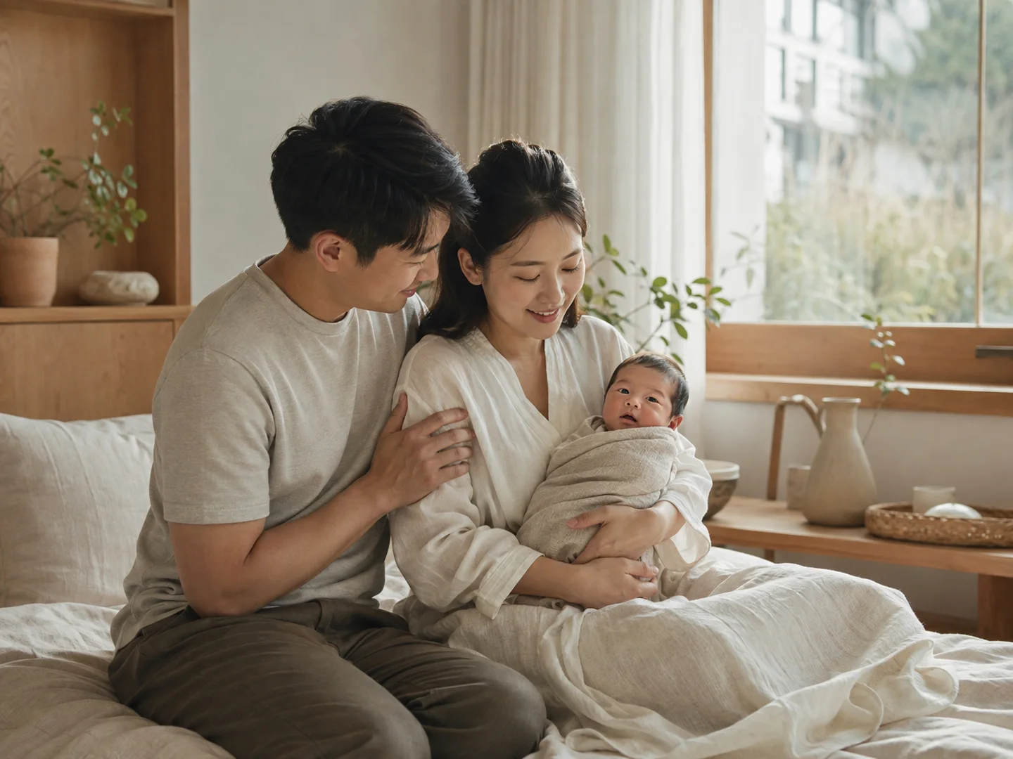 집에서 아기를 품에 안고 첫 시간을 함께하는 부부의 연출 이미지