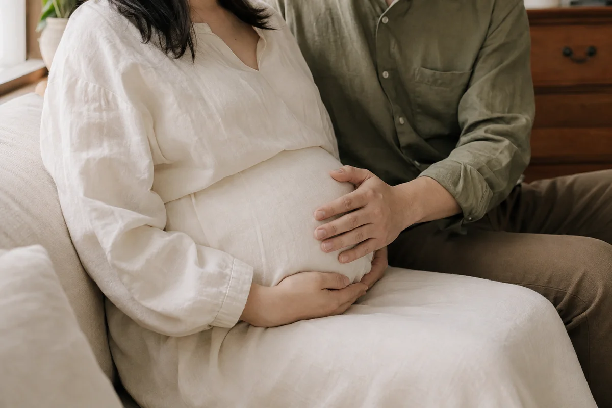 태어날 아기를 기다리며 배 위에 손을 포개는 부부의 연출 이미지