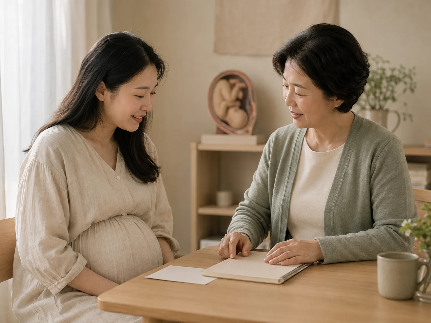 조산사와 출산 준비에 관해 상담하는 산모의 연출 이미지