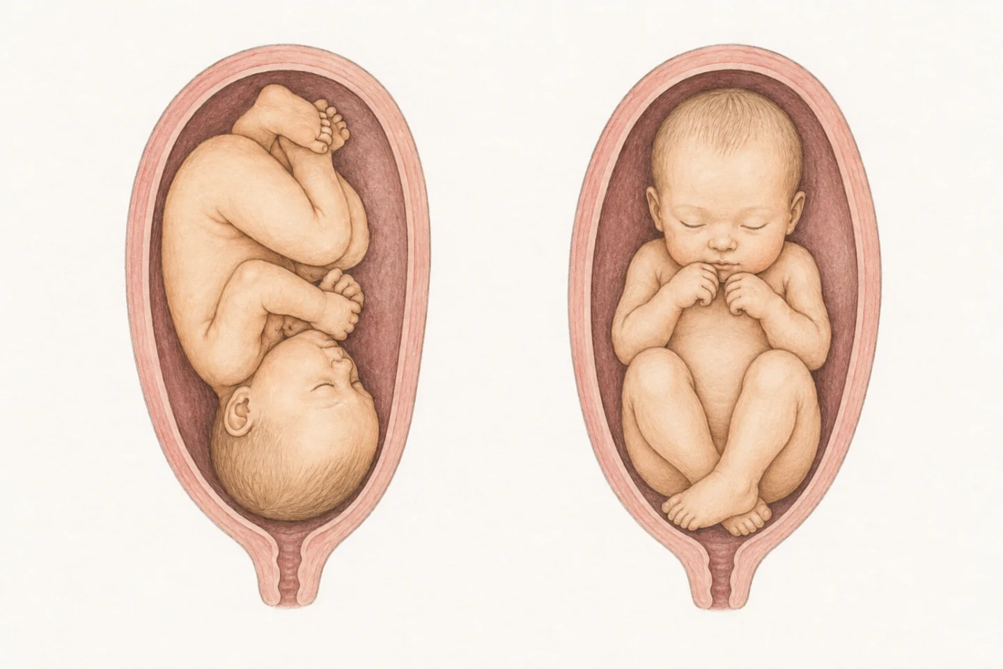 왼쪽은 아기의 머리가 자궁 아래쪽을 향하는 두위, 오른쪽은 머리가 위에 있고 엉덩이가 아래를 향하는 역아의 한 가지 자세를 비교한 설명 그림.
