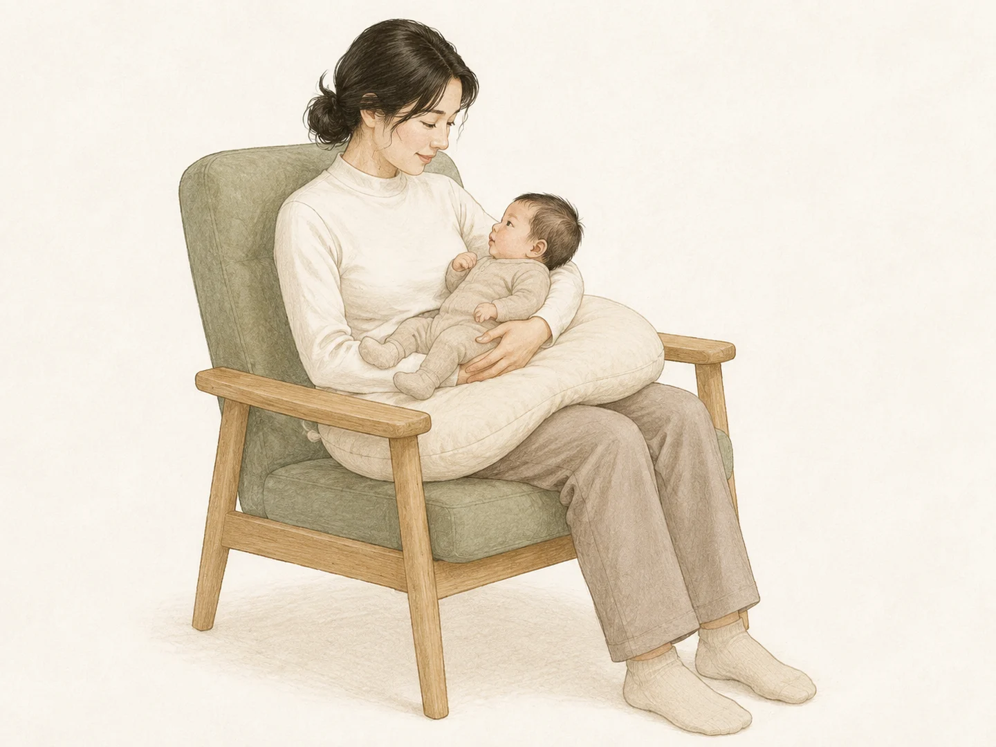 수유 전, 등을 쿠션에 기대고 앉아 옷을 입은 아기를 몸 가까이 지지하는 엄마. 아기의 머리와 몸은 나란하고 얼굴 주변은 가려지지 않아요.