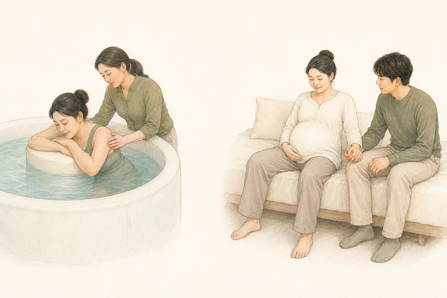 왼쪽은 출산 풀 안에서 조산사의 지지를 받는 산모, 오른쪽은 물 밖의 침상에서 동반자와 함께 쉬는 산모. 진통 중 물을 사용하는 것과 물속에서 출산하는 것은 별개의 선택이에요.